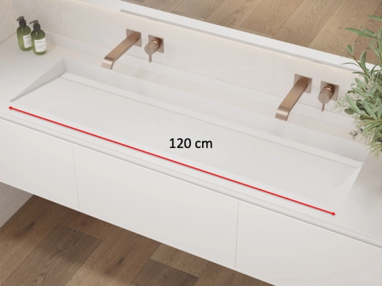 Plan vasque, bassin incliné grand taille 120 cm : L 130 à 201 x P 40 à 51 cm, finition lisse mate, 10 couleurs au choix, , résine Akrytan® teinté dans la masse, Livraison Offerte.